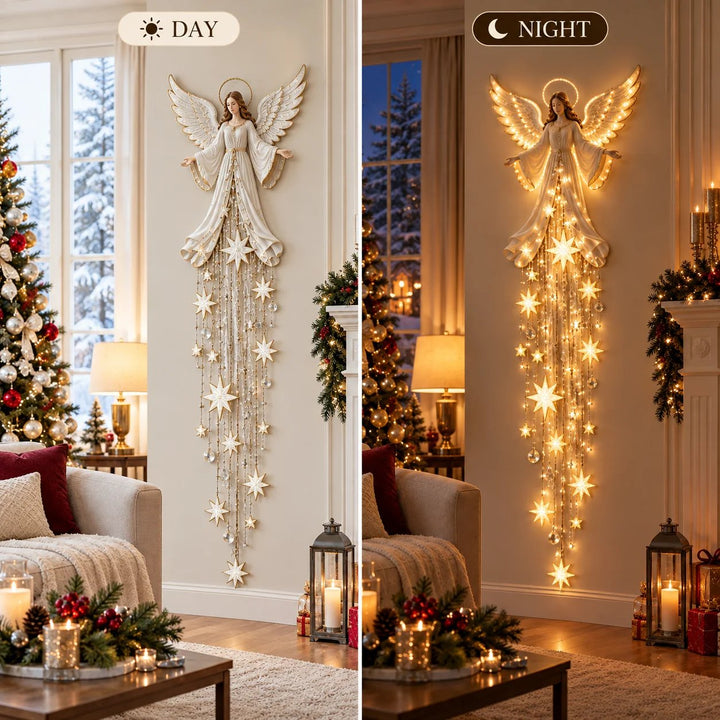 Angel Christmas Wall Light with Halo and Cascading Stars, Warm White 6