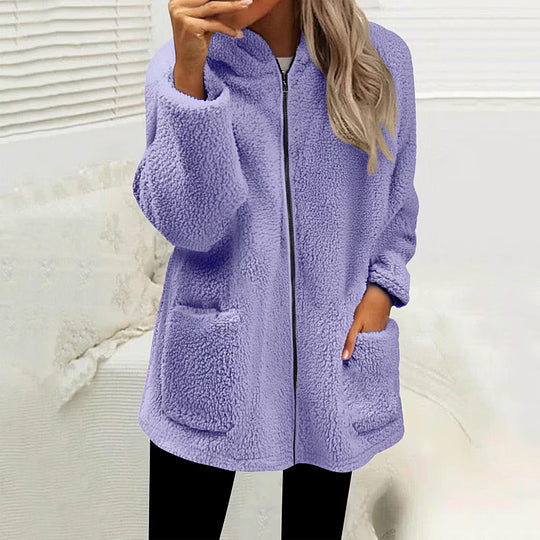 Women's High Collar Fleece Jacket with Front Zip and Pockets 4