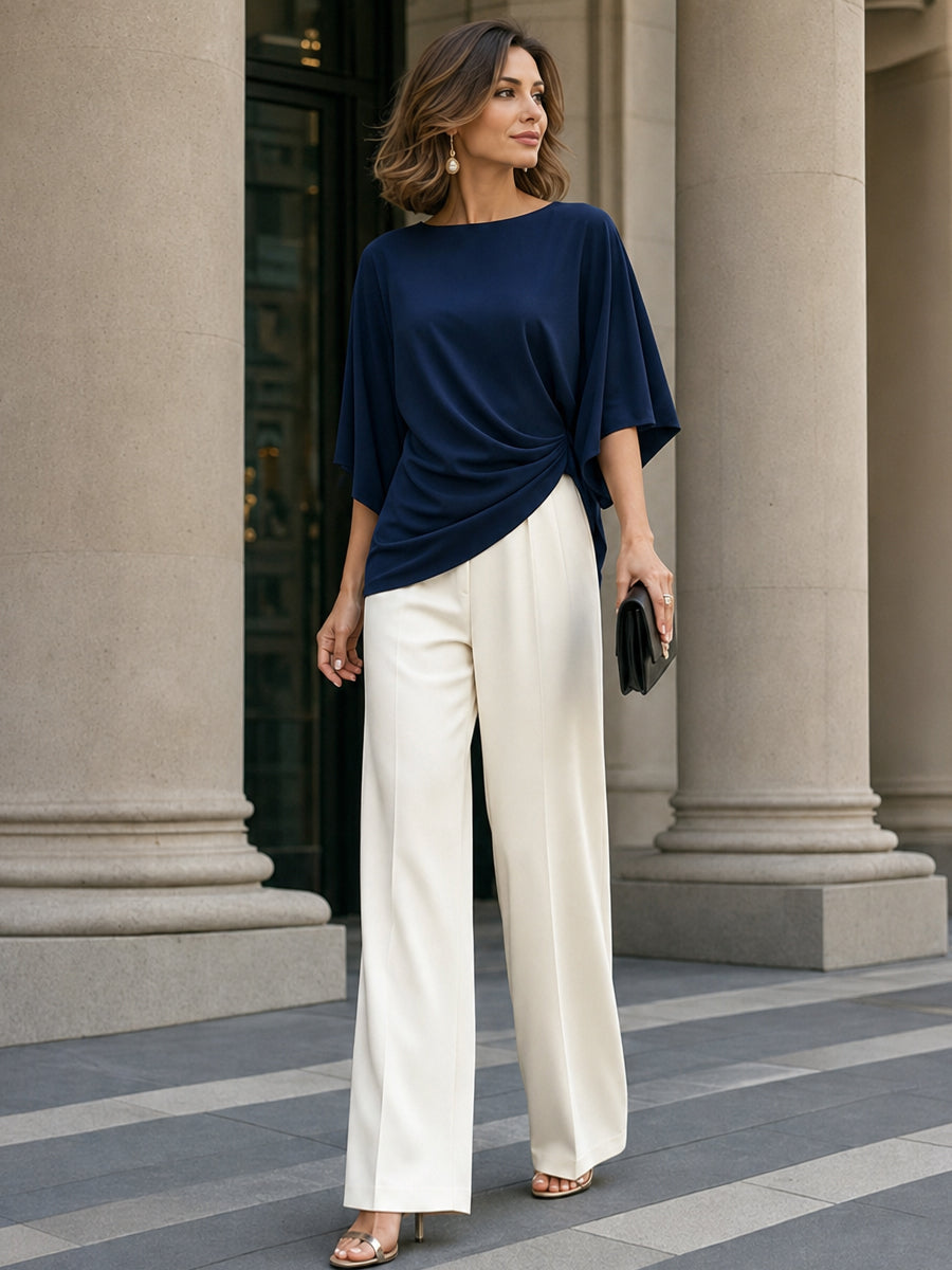 Draped Blouse & Wide-Leg Pant Two-Piece Set 13