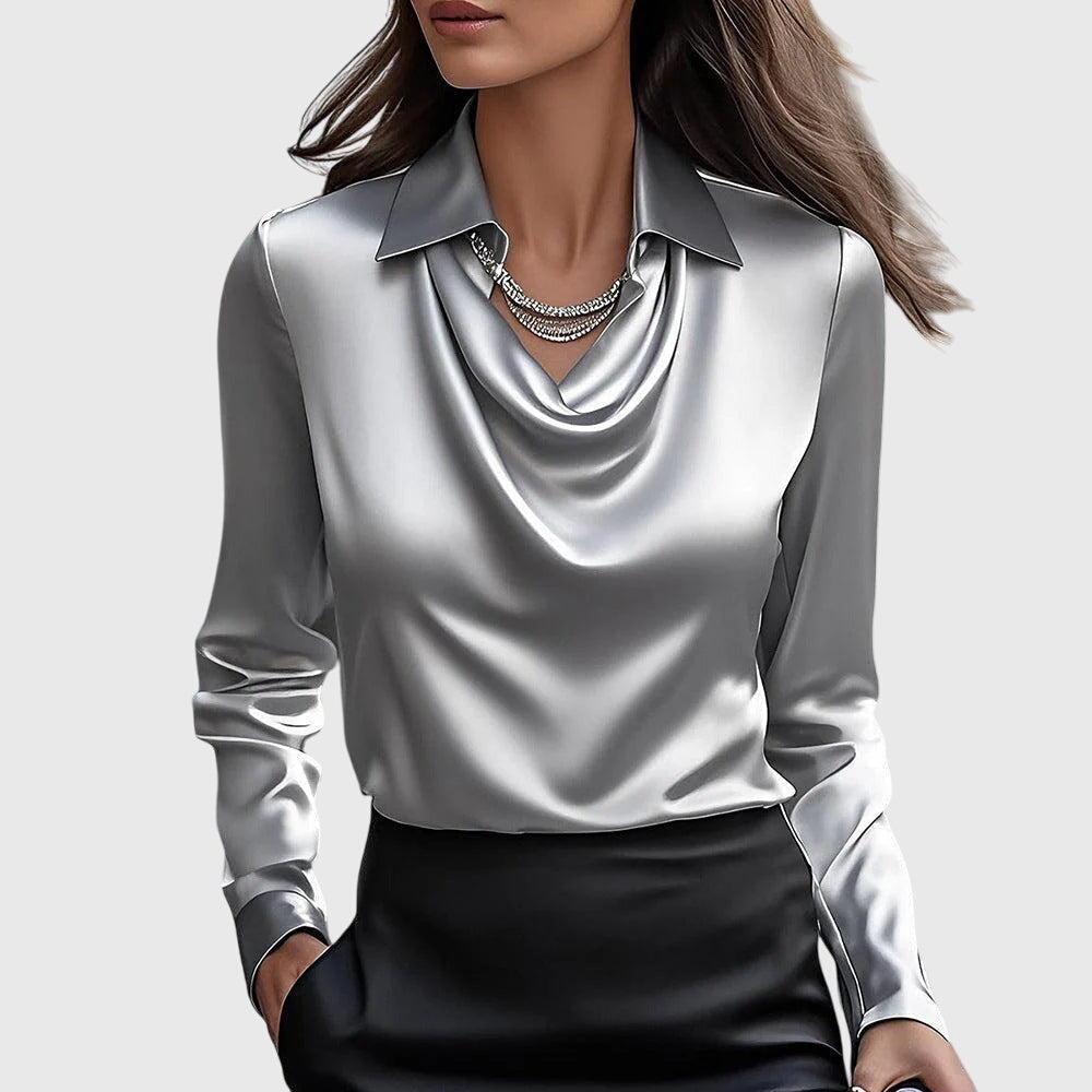 Women's Satin Cowl-Neck Blouse - Long-Sleeve Collared Top for Work and Evening 2