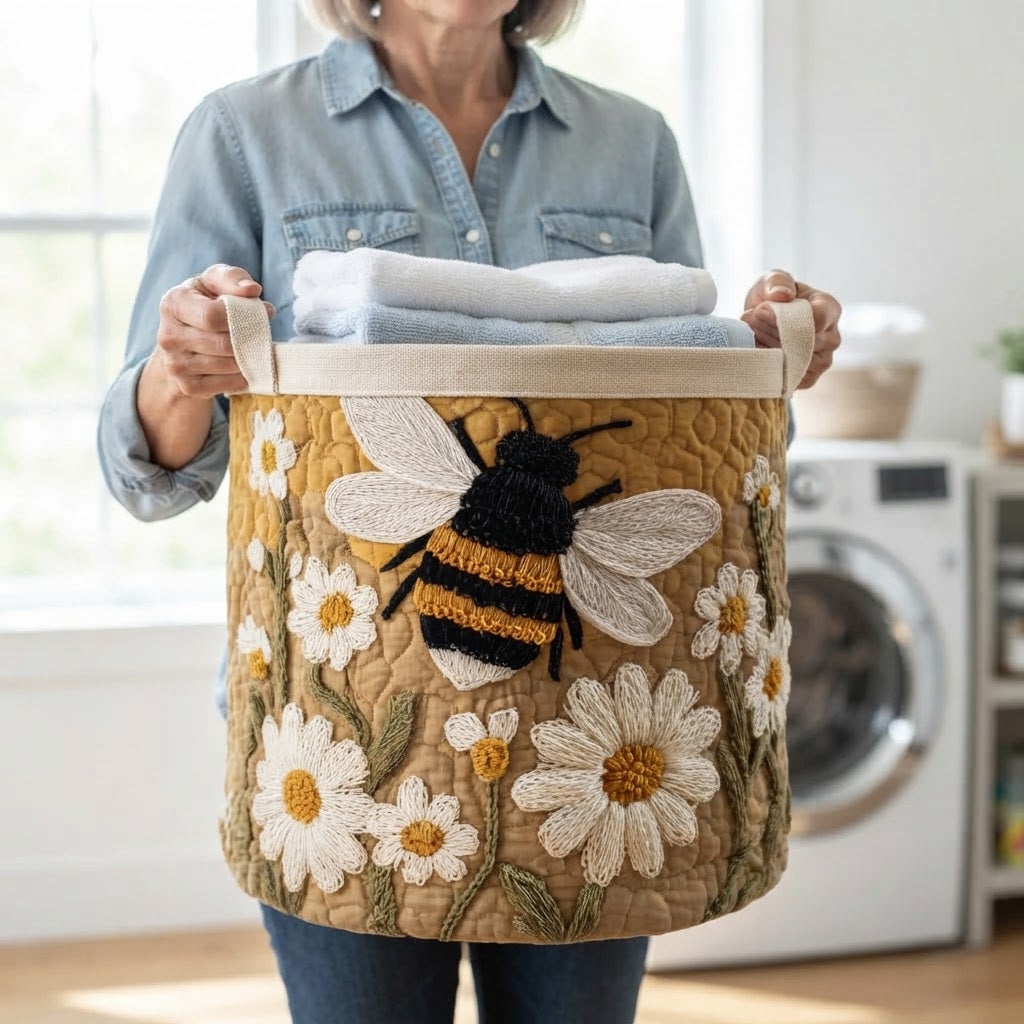Quilted Daisy and Bee Laundry Basket with Canvas Handles, Self-Standing 5