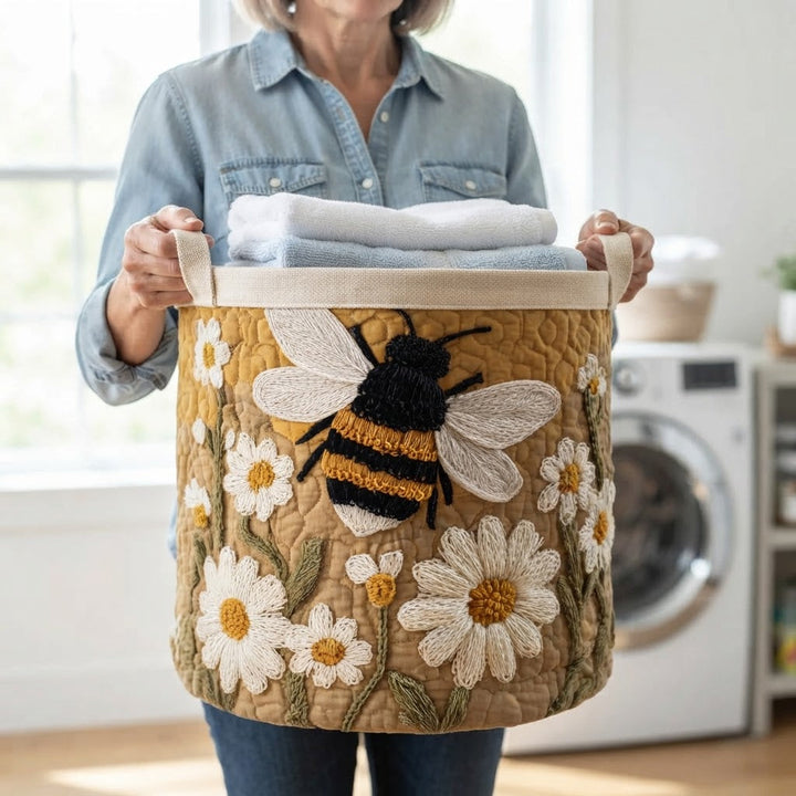 Quilted Daisy and Bee Laundry Basket with Canvas Handles, Self-Standing 5