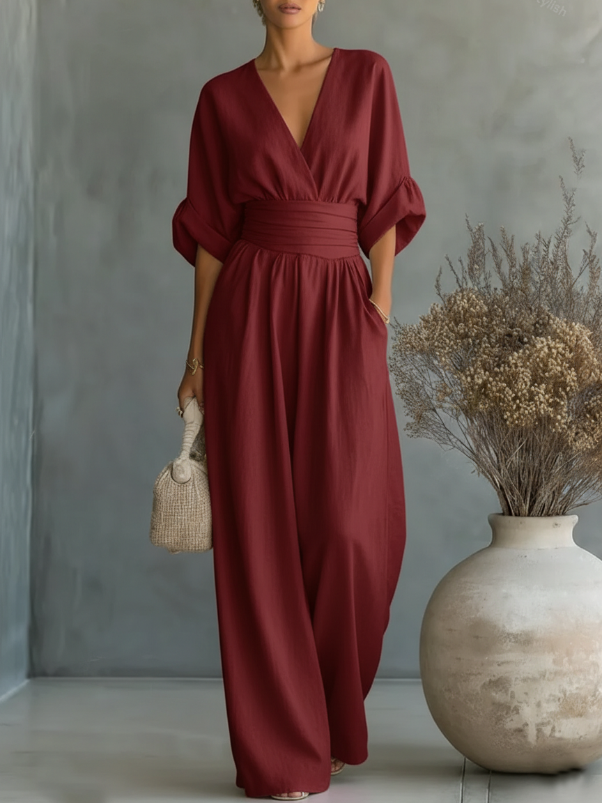 Elegant V-Neck Jumpsuit with High Waist and Wide-Leg Cut 9