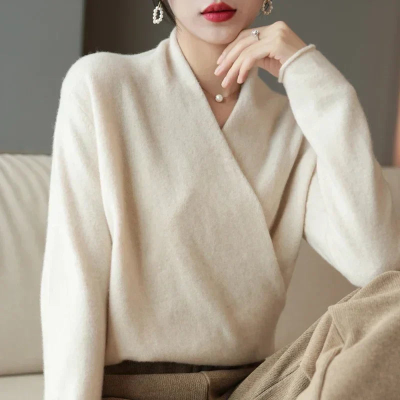 Women's Elegant Cashmere Wrap Front Sweater 14