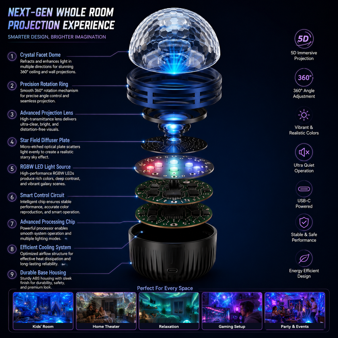 360° Dynamic Galaxy Sky Projector Night Light with Gooseneck and USB Power 9