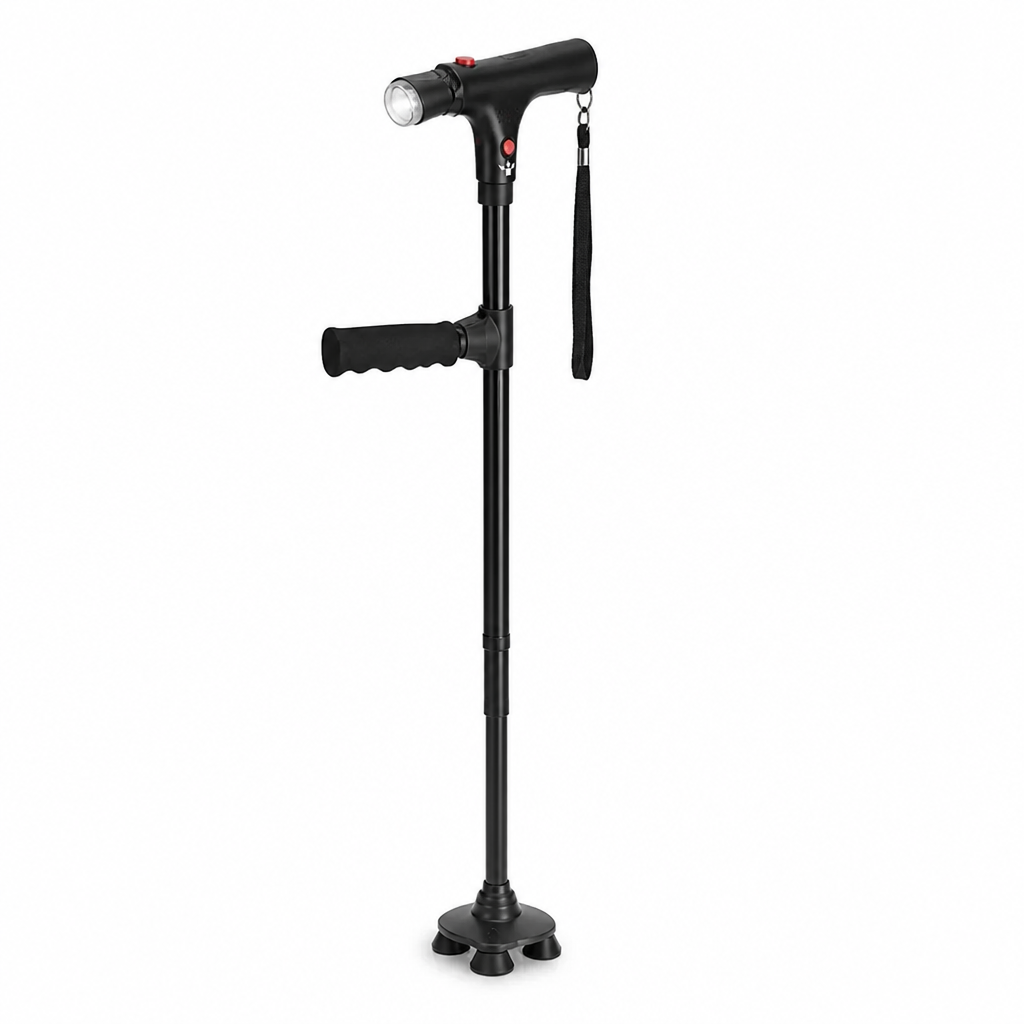 Lightweight Foldable Walking Cane with 4-Point Base, LED Light and Alarm 1