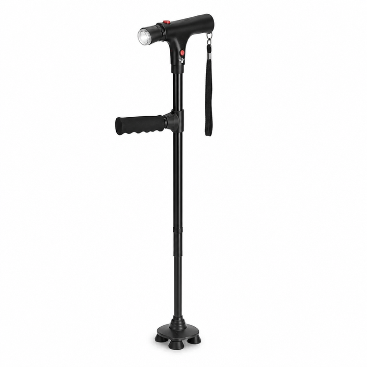 Lightweight Foldable Walking Cane with 4-Point Base, LED Light and Alarm 1