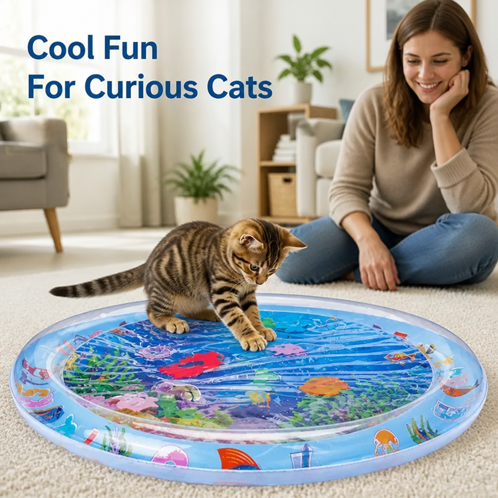 Cat Water Play Mat with Floating Fish - BPA-Free Silicone Cooling Pad 1