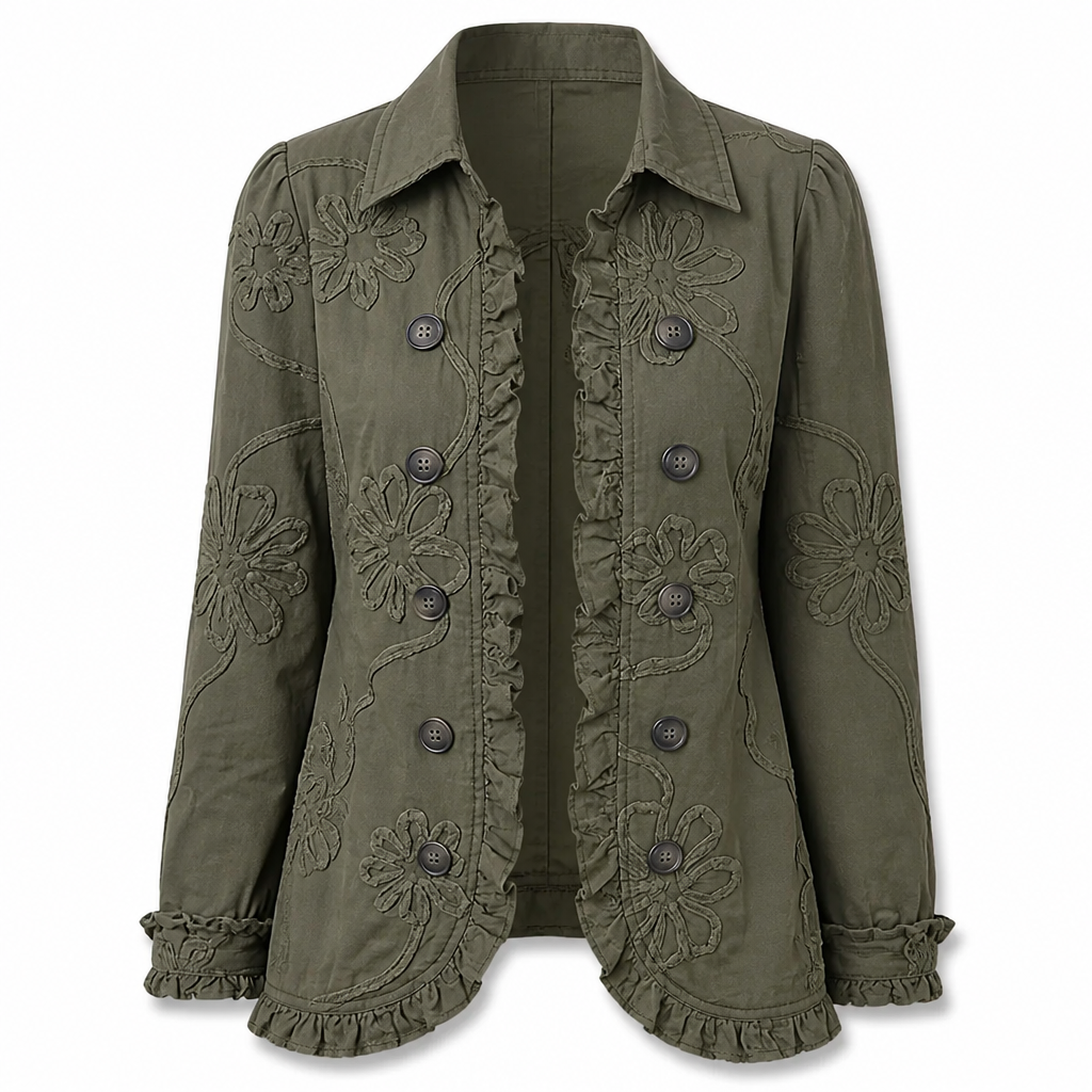 Floral Embroidered Utility Jacket - Vintage Boho Style with Ruffle Trim 9