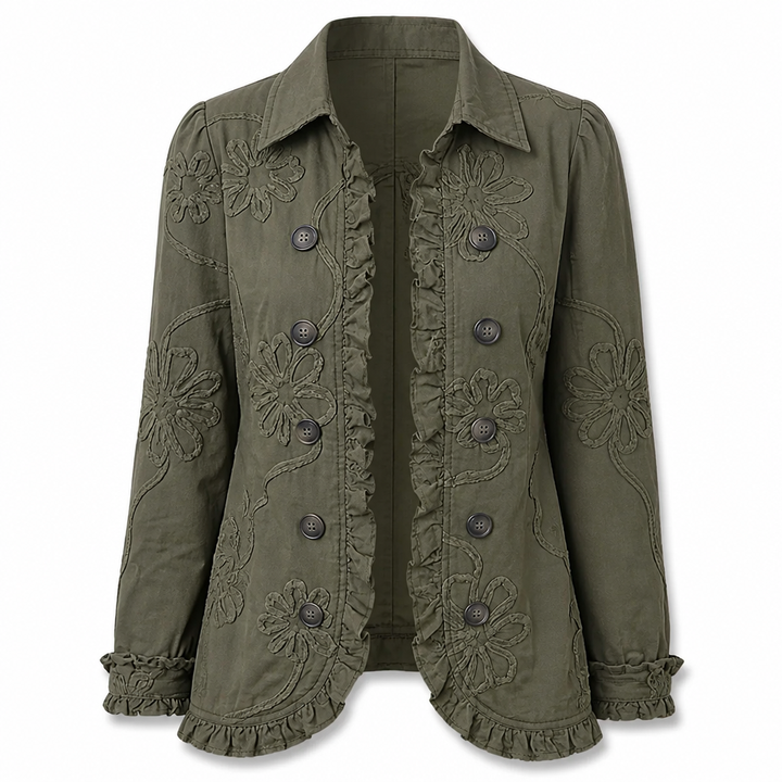 Floral Embroidered Utility Jacket - Vintage Boho Style with Ruffle Trim 9