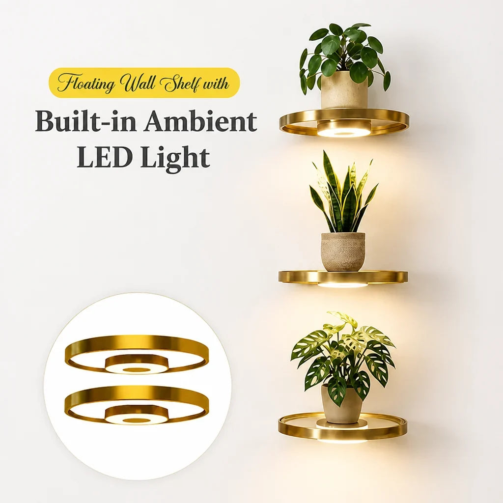 Floating Wall Shelf with Warm LED Light, Rechargeable USB, Gold Finish 6