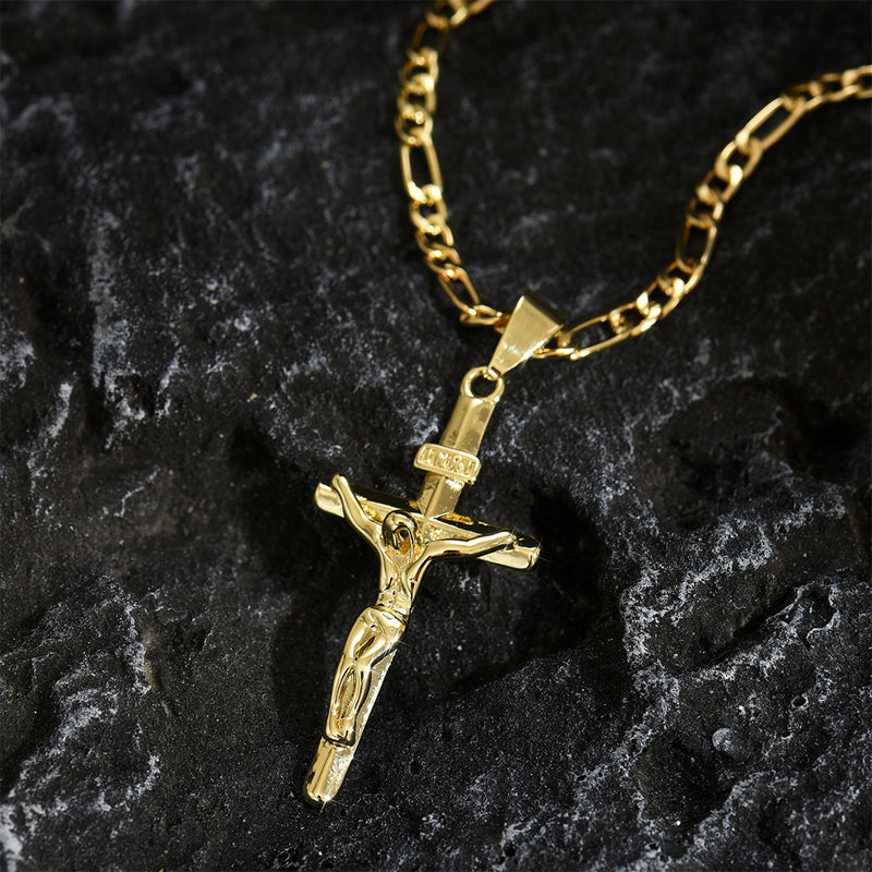 Gold Crucifix Necklace Set with INRI Inscription and Figaro Chain, 2-Pack 9