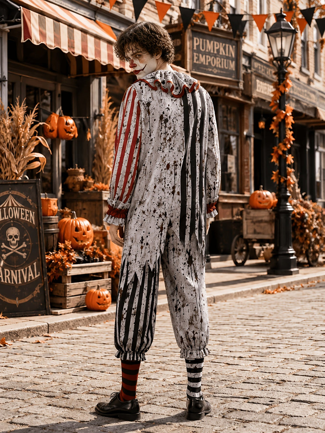 Men's Halloween Horror Clown Jumpsuit Costume with Ruffled Collar 3