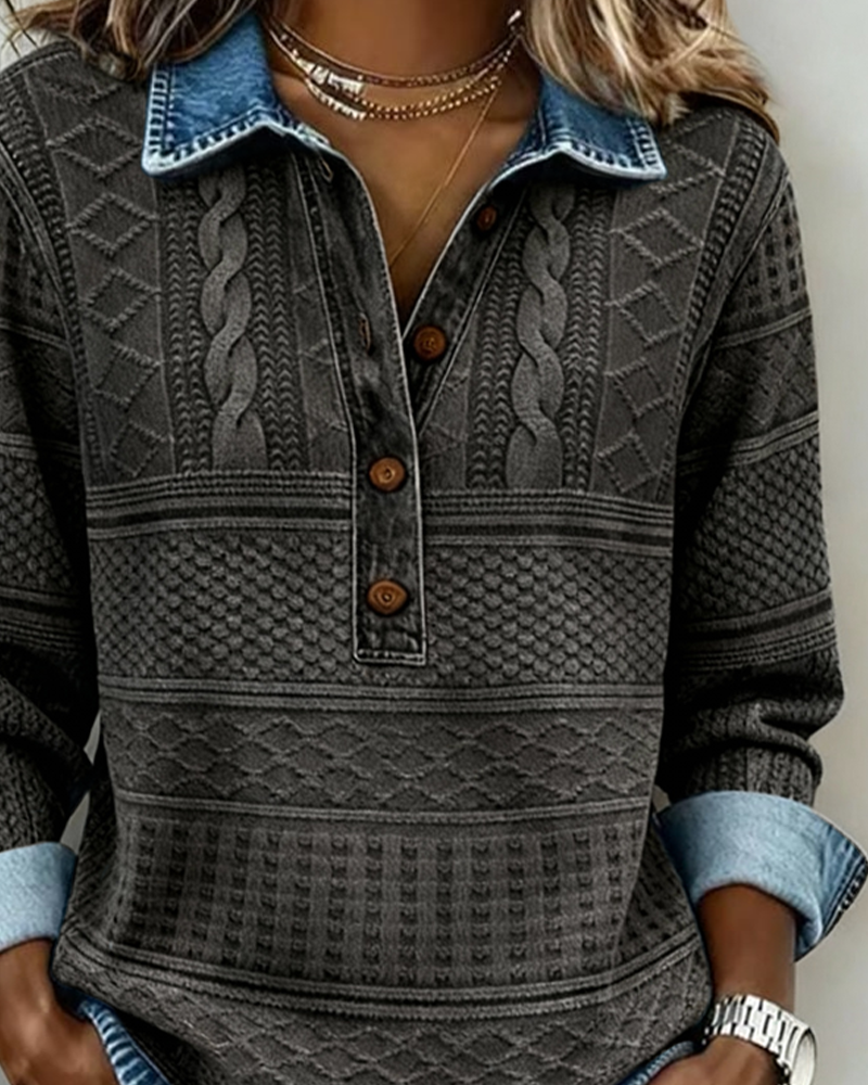 Half-Button Denim-Look Knit Sweater for Women 6