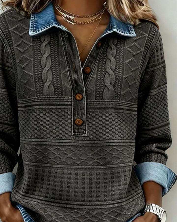 Women's Patterned Sweatshirt with Shirt Collar and Button Front 6