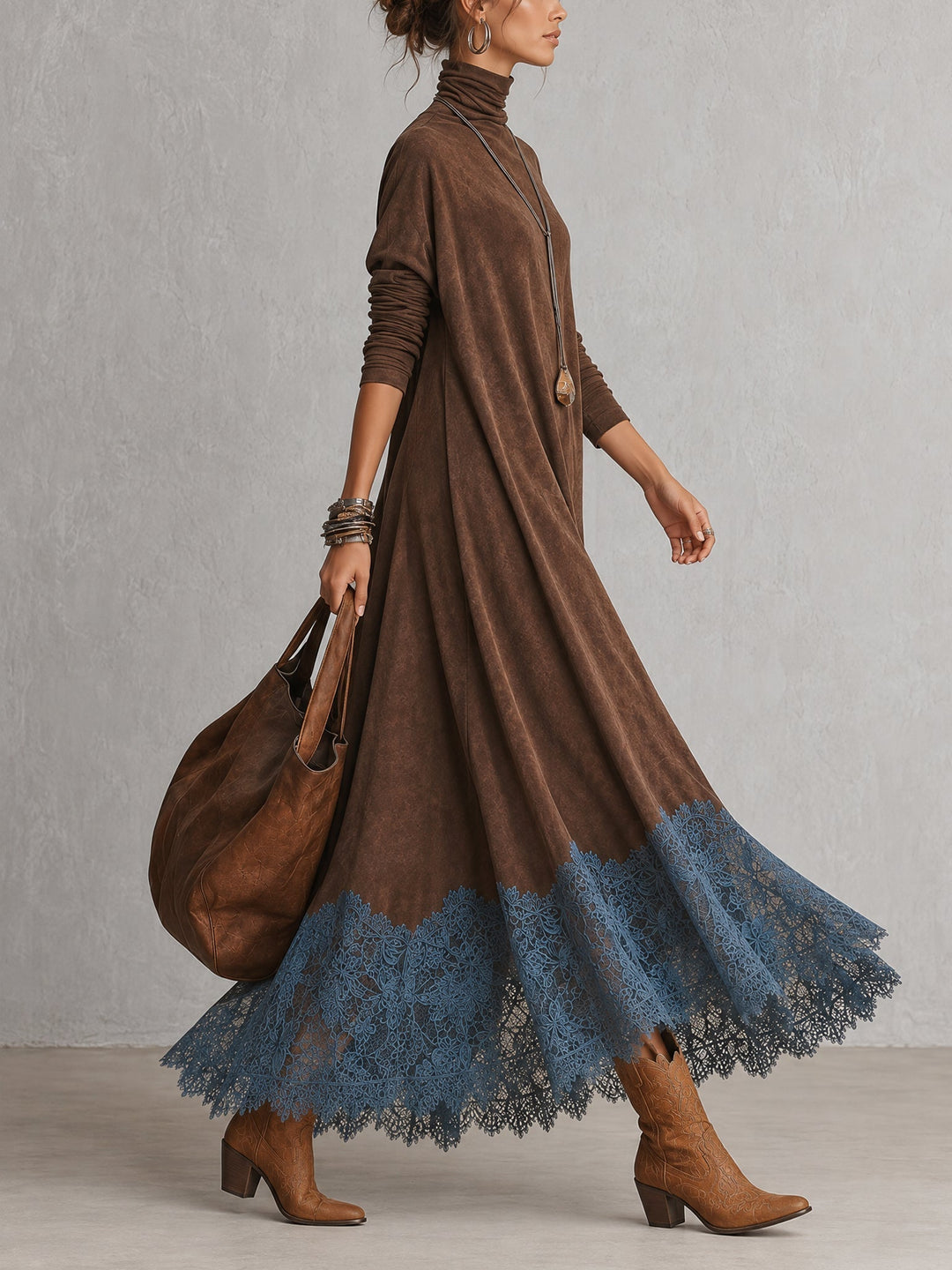 Women's Maxi Dress in Faux Suede with High Neck and Lace Hem 9