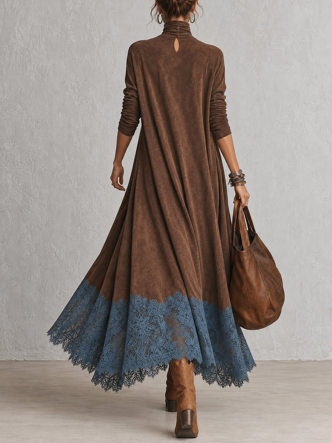 Long Faux Suede Dress with Contrast Lace Hem 5