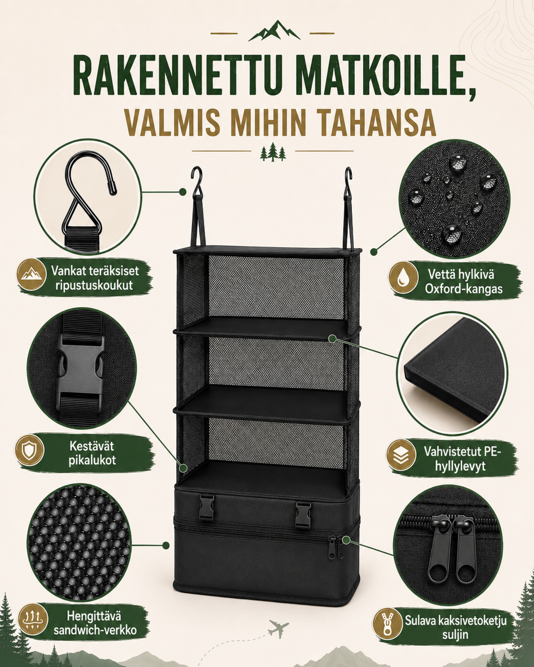 Foldable Hanging Travel Shelf Organizer with 3 Shelves and Zip Pocket 2
