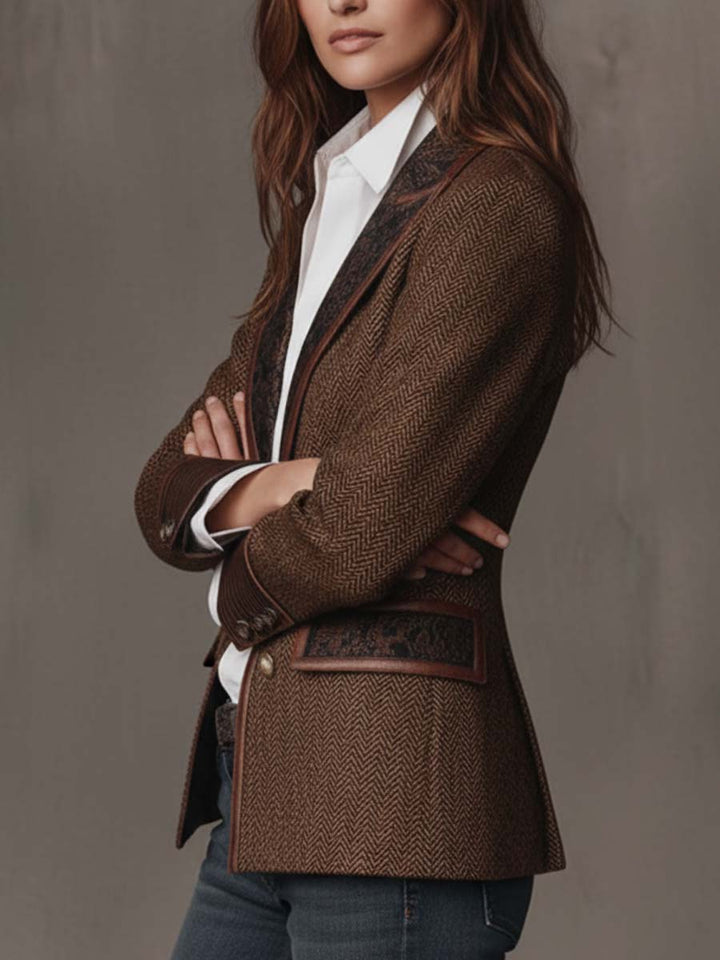 Herringbone Blazer with Patterned Collar and Contrast Lining 3