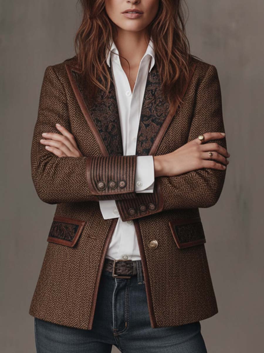 Herringbone Blazer with Patterned Collar and Contrast Lining 2