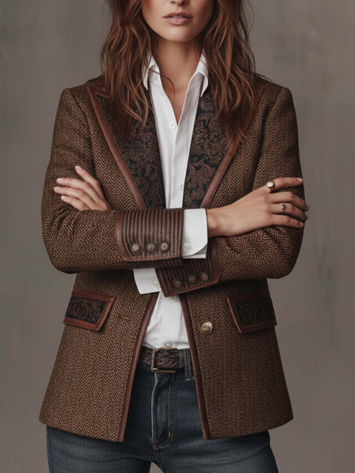 Herringbone Blazer with Patterned Collar and Contrast Lining 2