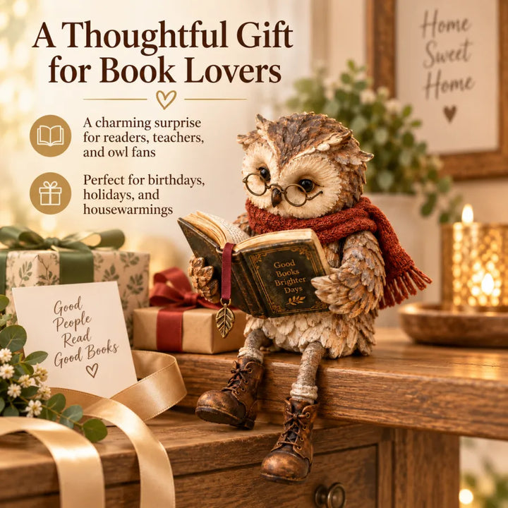 Reading Owl Decorative Figurine with Glasses, Book, Scarf and Boots 7