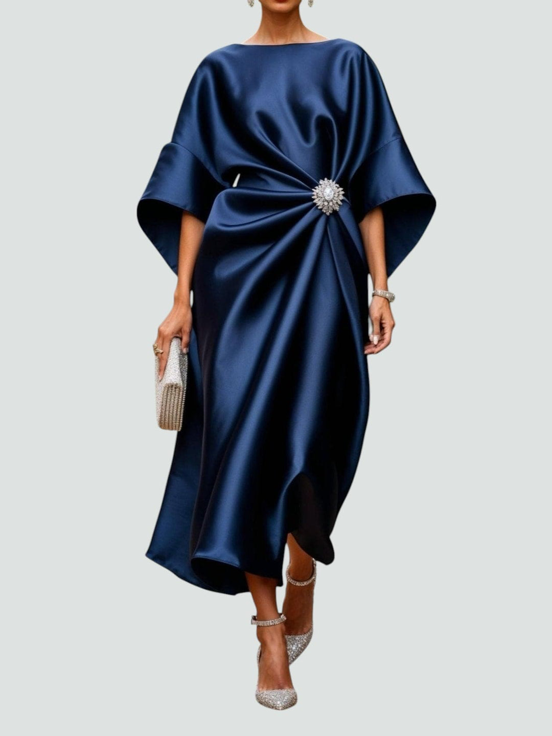 Women's Draped Brooch Maxi Dress – Cape Sleeve Gown for Formal Events 1