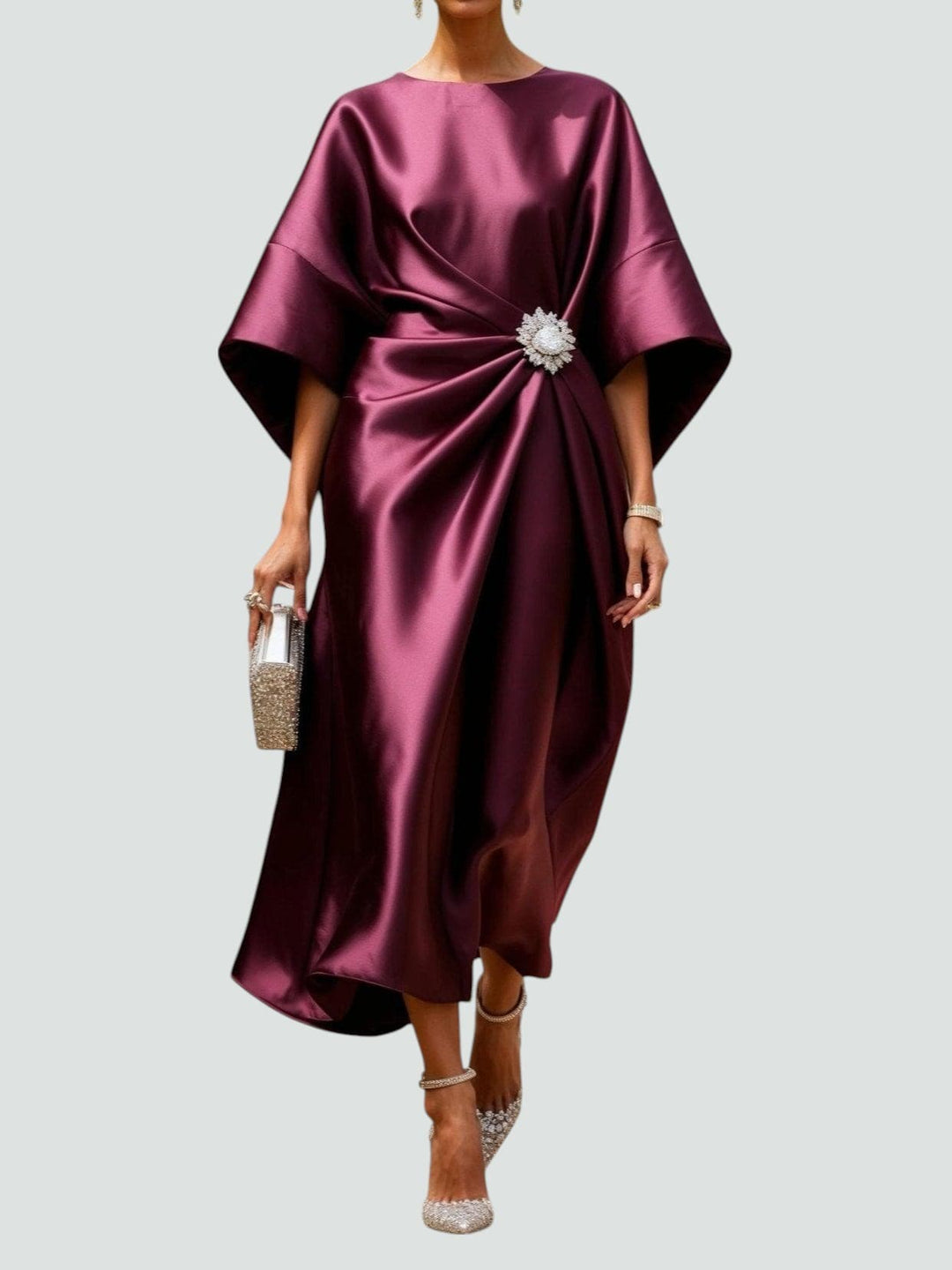 Women's Draped Brooch Maxi Dress – Cape Sleeve Gown for Formal Events 2