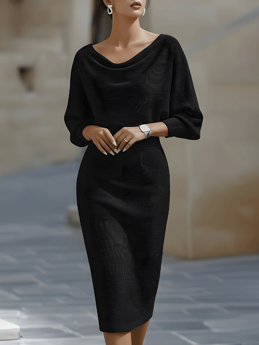 Elegant Draped Midi Dress with Boat Neckline and Fitted Cut 1
