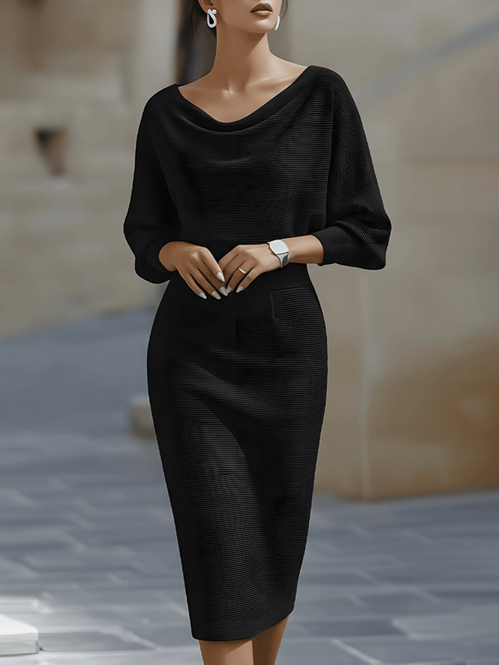 Elegant Draped Midi Dress with Boat Neckline and Fitted Cut 1