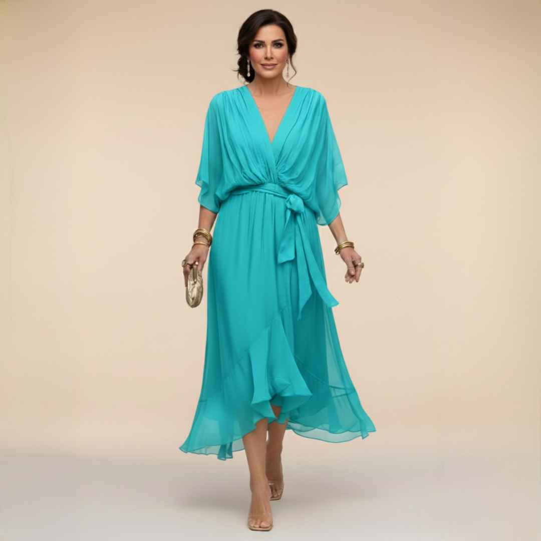 Elegant Flowy Midi Dress for Women – V-Neck & Adjustable Waist 5