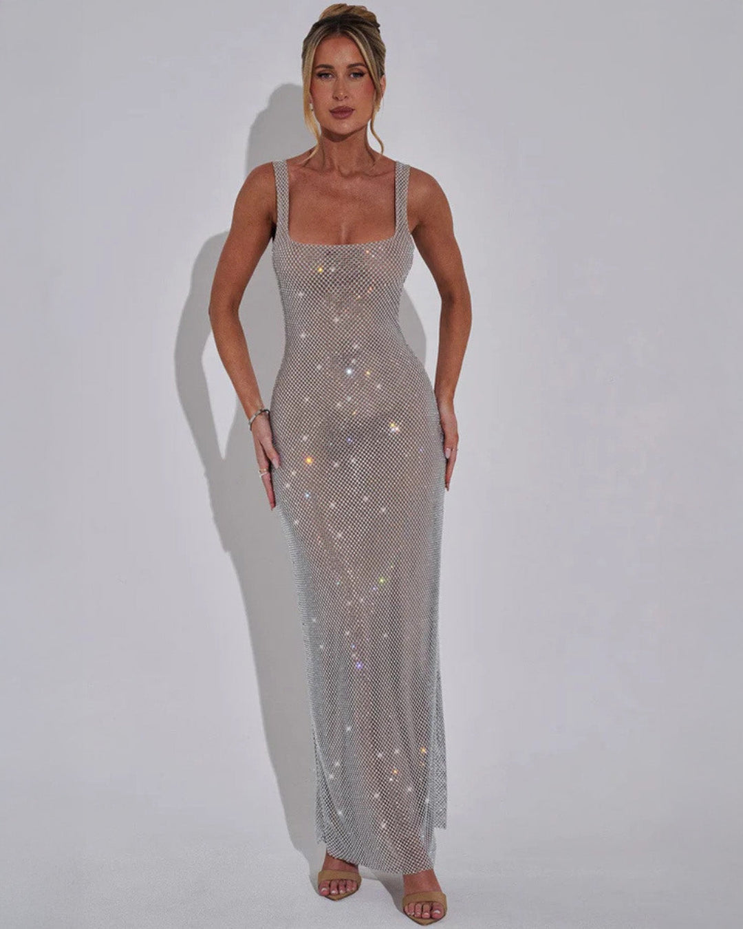 Rhinestone Square Neck Maxi Dress - Bodycon Evening Gown 6