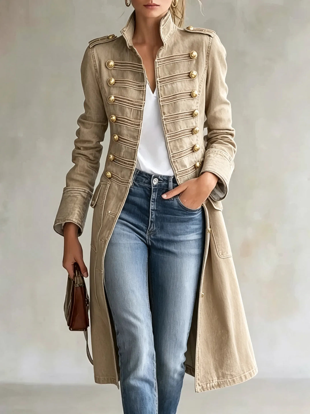 Women's Long Military Style Double-Breasted Coat with Officer Collar 8