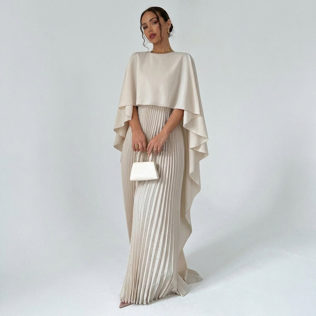 Pleated High Neck Maxi Dress in Flowy Chiffon-Style Fabric 1