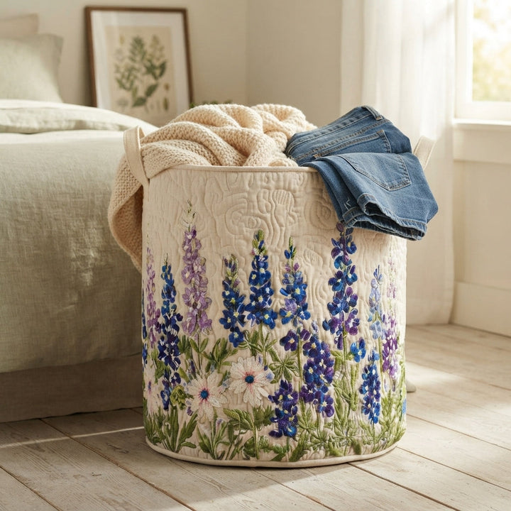 Quilted Wildflower Laundry Basket with Canvas Handles, Self-Standing and Foldable 5