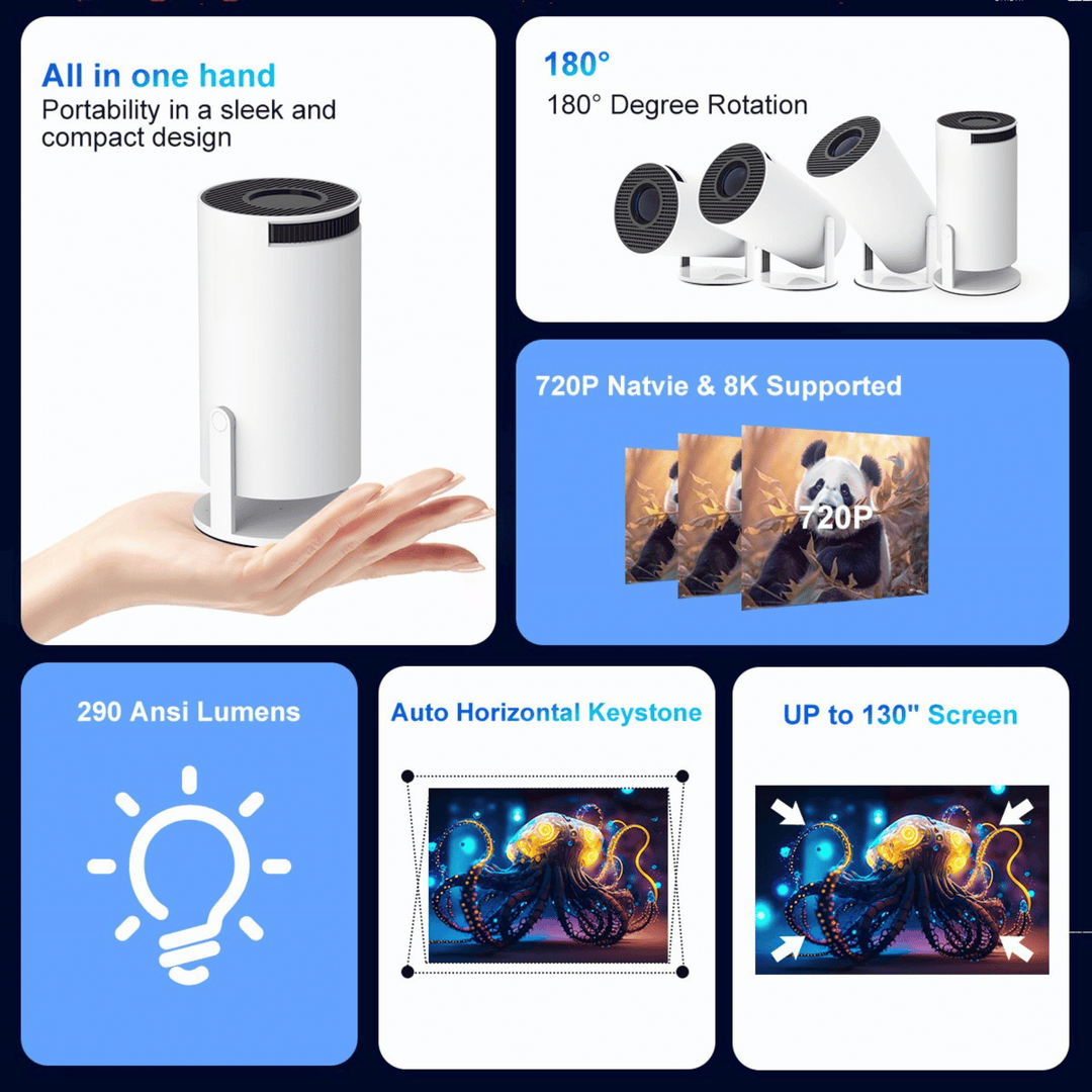 4K Rotatable Smart Projector for Wall or Ceiling, Built-In App Store 4