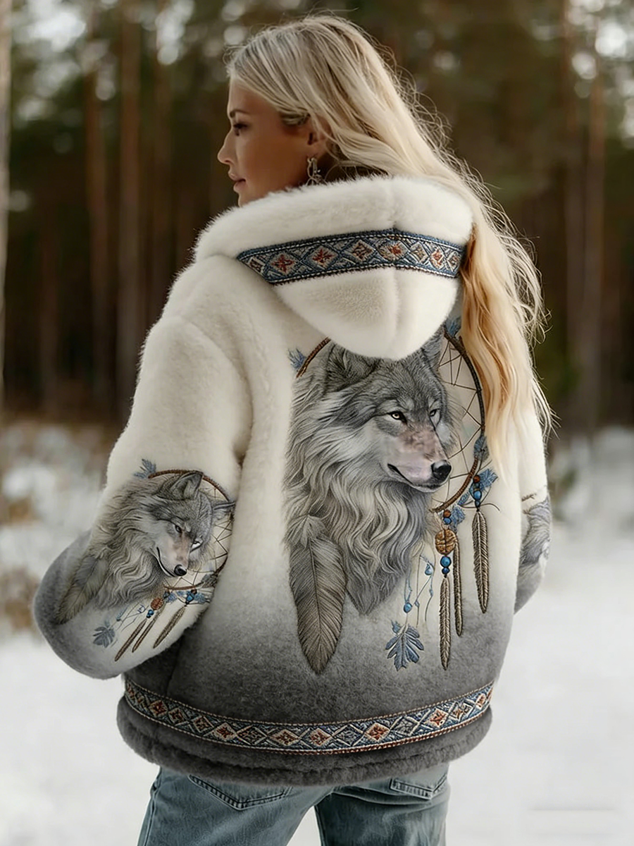 Women's Soft Hooded Jacket with Wolf Print 2