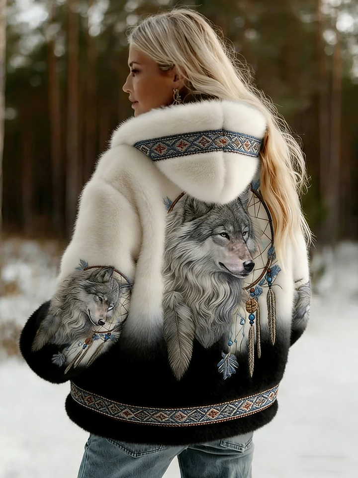 Women's Soft Hooded Jacket with Wolf Print 3