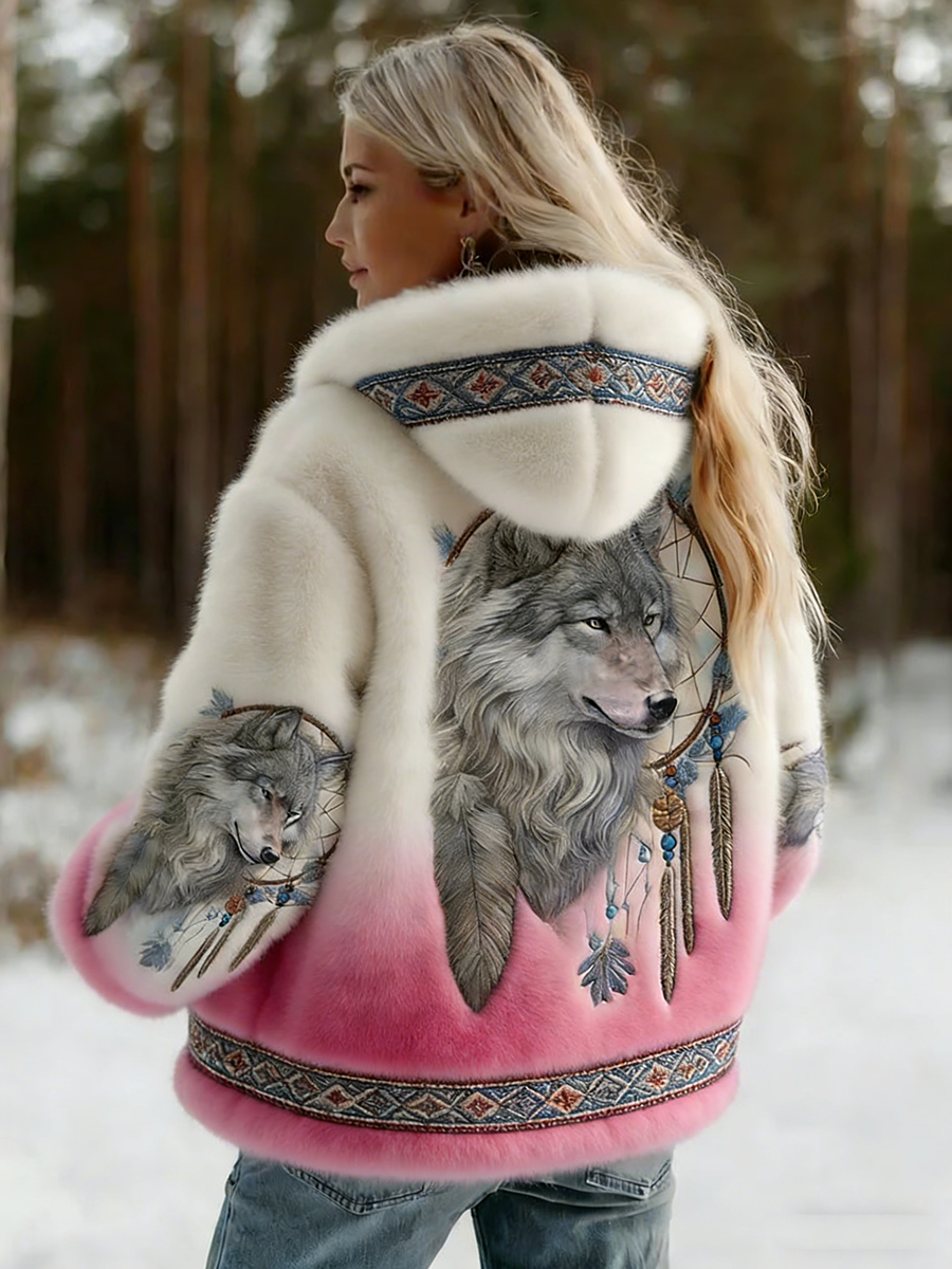 Women's Soft Hooded Jacket with Wolf Print 4