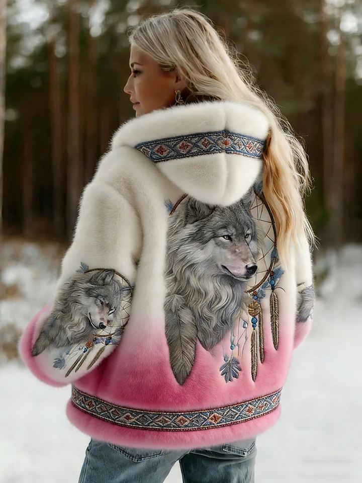 Women's Soft Hooded Jacket with Wolf Print 4