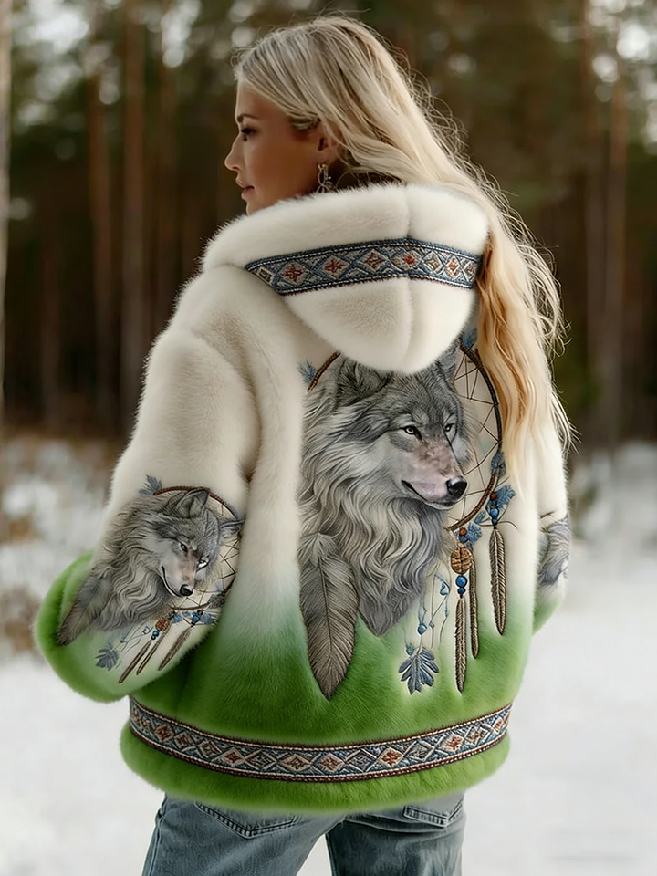 Women's Soft Hooded Jacket with Wolf Print 5