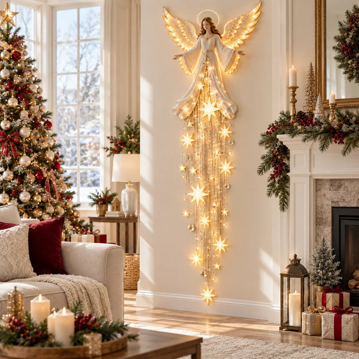 Angel Christmas Wall Light with Halo and Cascading Stars, Warm White 3