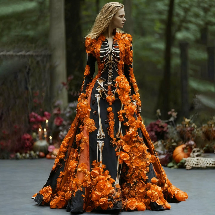 Women's Halloween Skeleton Floral Long Sleeve Maxi Dress for Parties 1