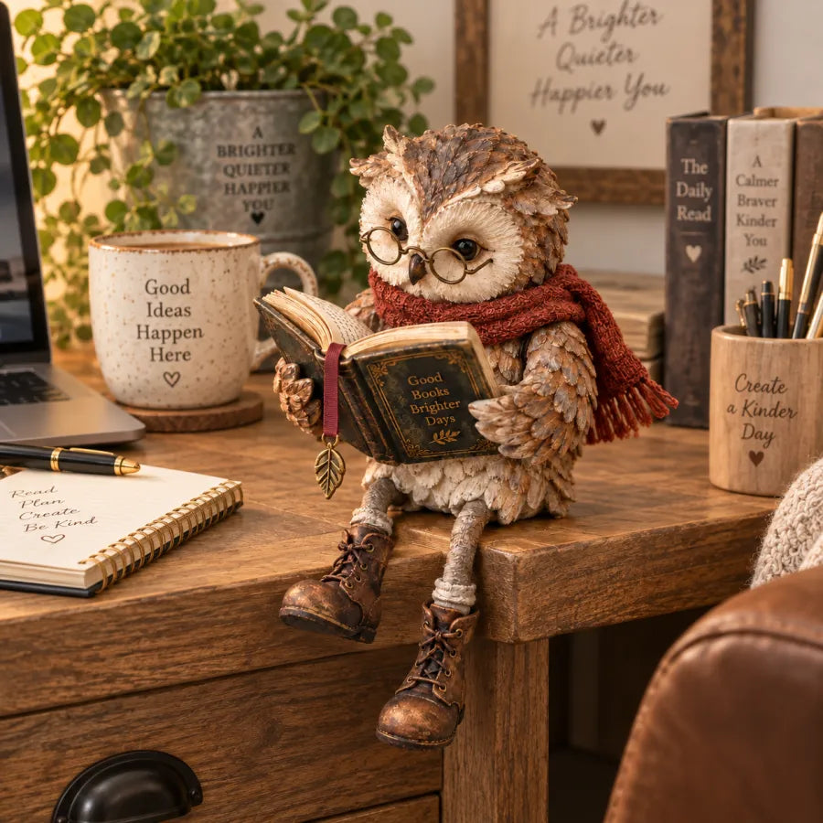 Reading Owl Decorative Figurine with Glasses, Book, Scarf and Boots 2