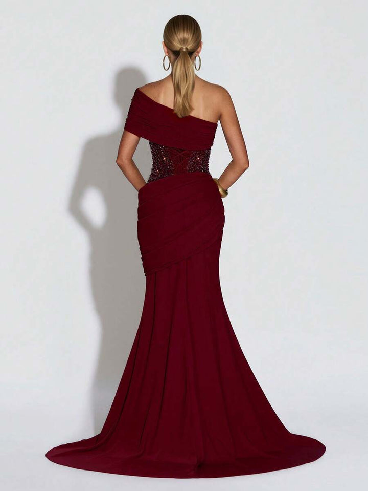 Asymmetric Off-Shoulder Corset Maxi Gown with Train 3