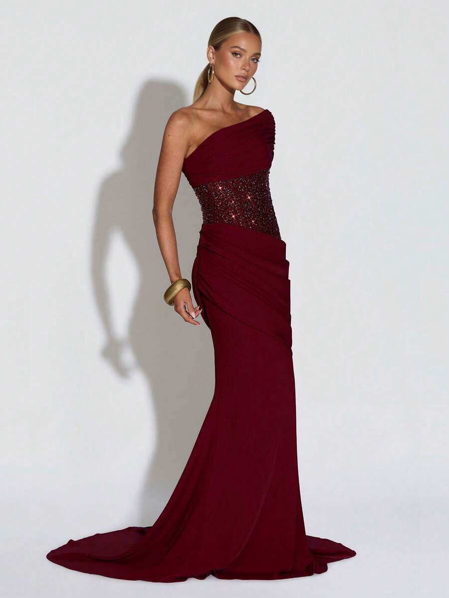 Asymmetric Off-Shoulder Corset Maxi Gown with Train 1