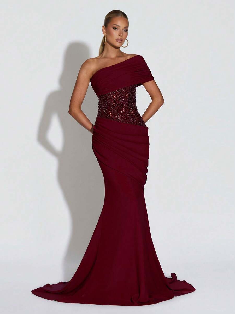 Asymmetric Off-Shoulder Corset Maxi Gown with Train 2