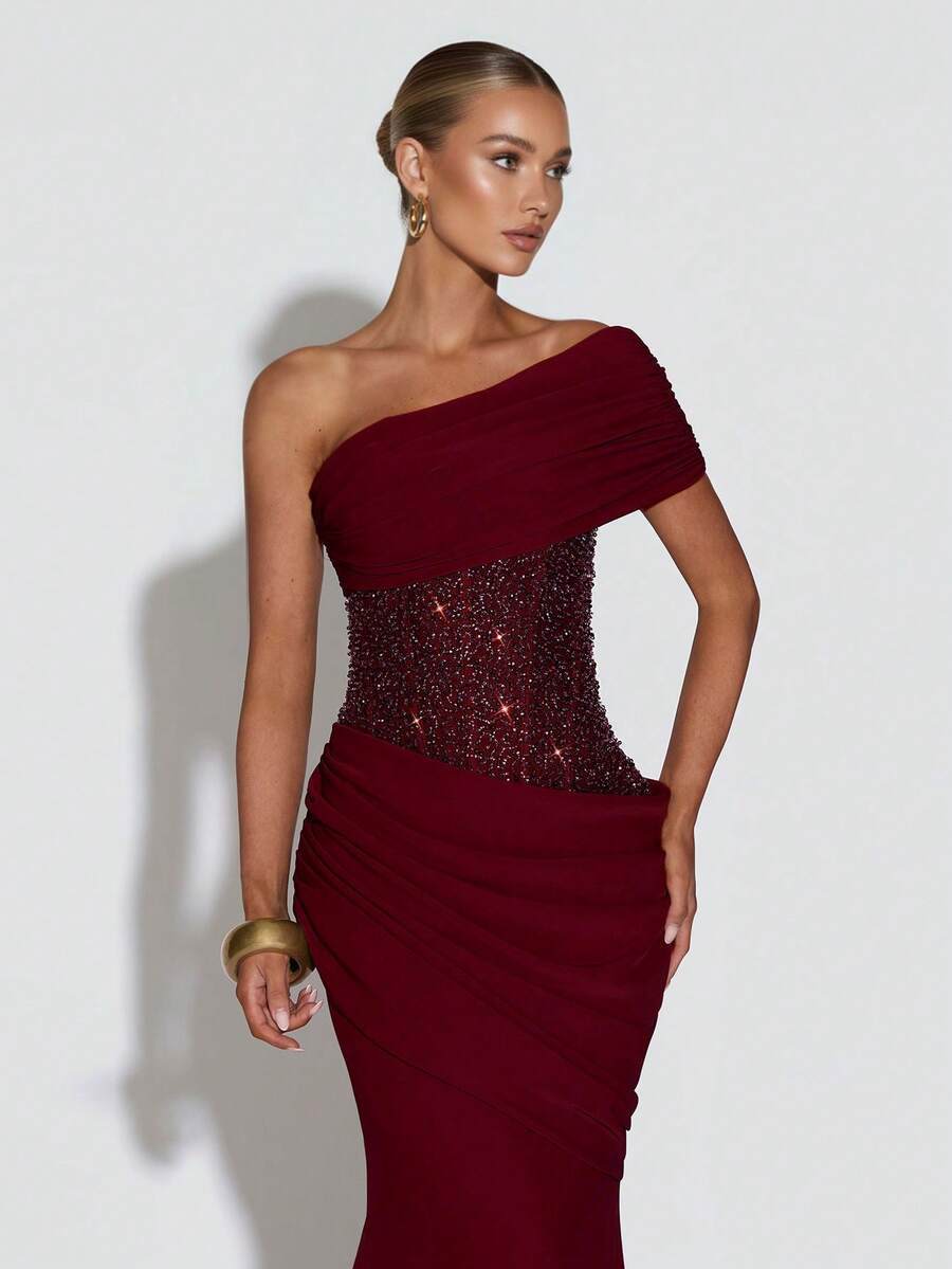 Asymmetric Off-Shoulder Corset Maxi Gown with Train 4