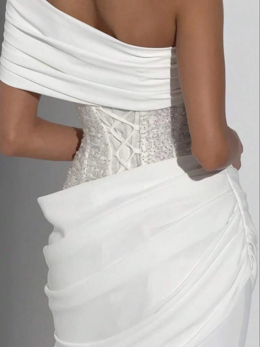 Asymmetric Off-Shoulder Corset Maxi Gown with Train 8