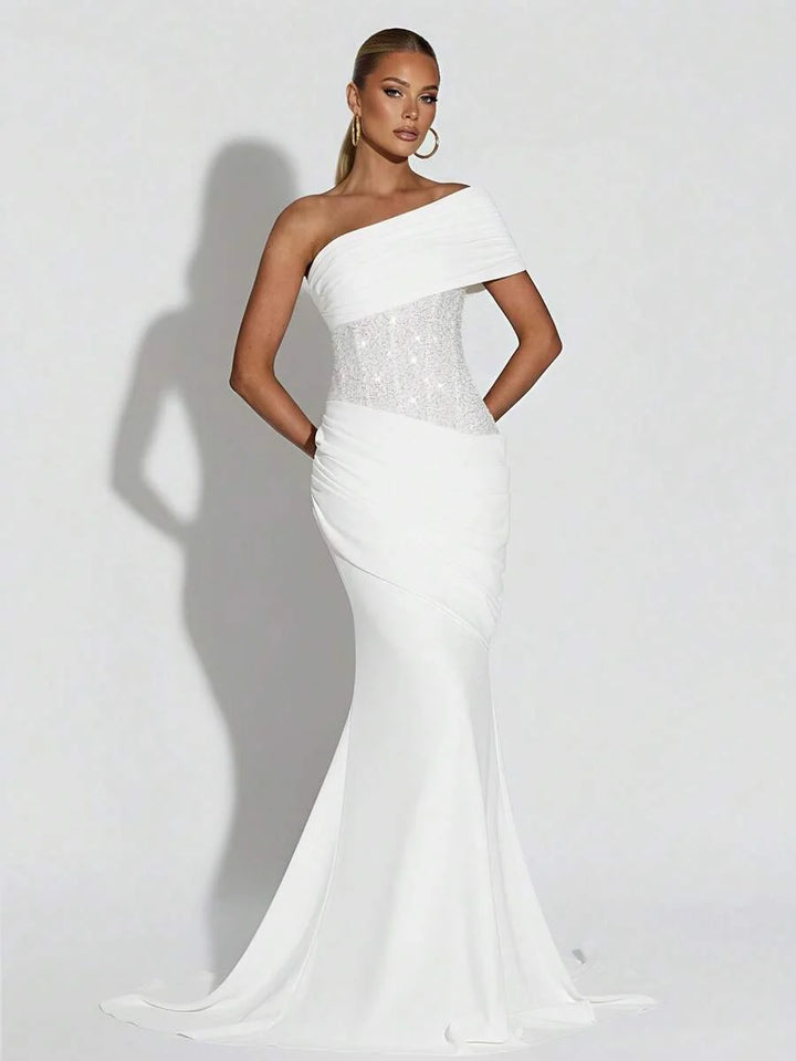 Asymmetric Off-Shoulder Corset Maxi Gown with Train 7